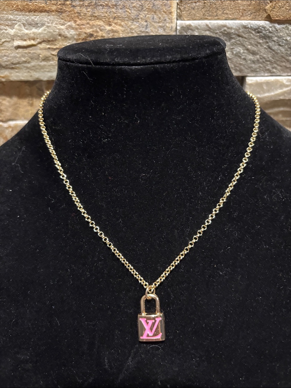 Gold Chain Necklace with Pink LV Padlock